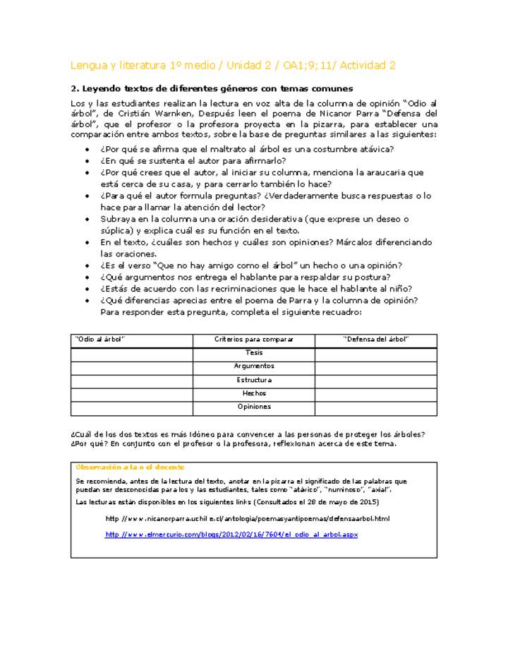 Lengua y Literatura 1 medio-Unidad 2-OA1;9;11-Actividad 2