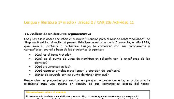 Lengua y Literatura 1 medio-Unidad 2-OA9;20-Actividad 11