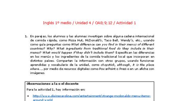 Inglés 1 medio-Unidad 4-OA8;9;12-Actividad 1