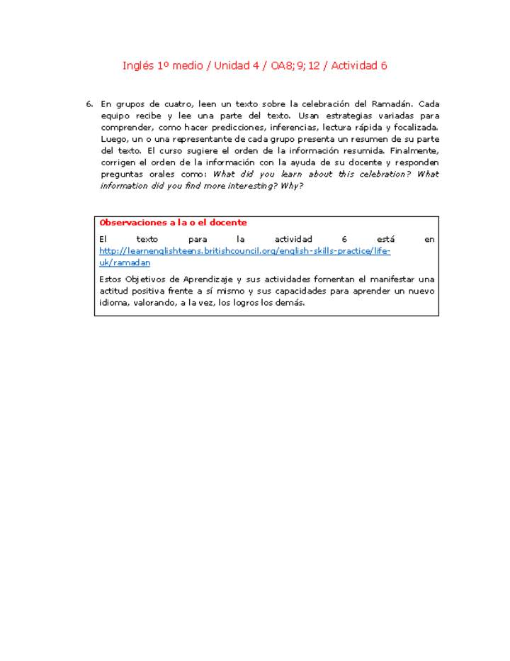 Inglés 1 medio-Unidad 4-OA8;9;12-Actividad 6