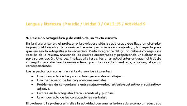 Lengua y Literatura 1 medio-Unidad 4-OA13;15-Actividad 9