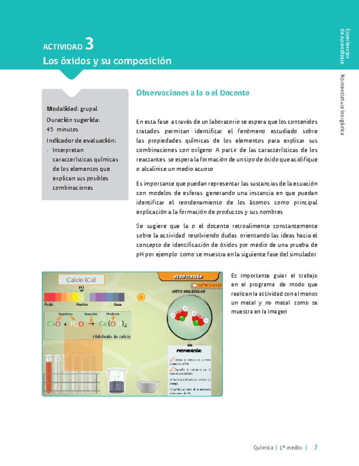 Sugerencia para el profesor: Actividad 3. Los óxidos y su composición