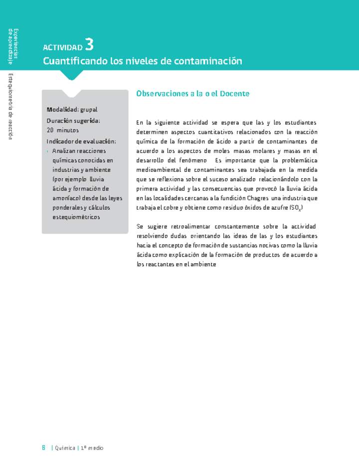 Sugerencia para el profesor: Actividad 3. Cuantificando los niveles de contaminación