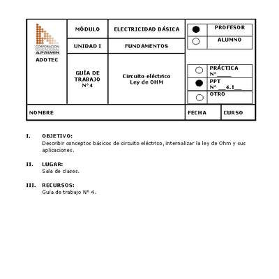 Guía de trabajo del docente Electricidad básica, circuito eléctrico y ley de Ohm