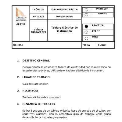 Guía de trabajo del estudiante Electricidad básica tablero eléctrico de instrucción