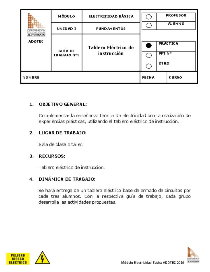 Guía de trabajo del estudiante Electricidad básica tablero eléctrico de instrucción