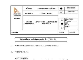 Guía de trabajo del docente Electricidad básica, efectos de la corriente eléctrica