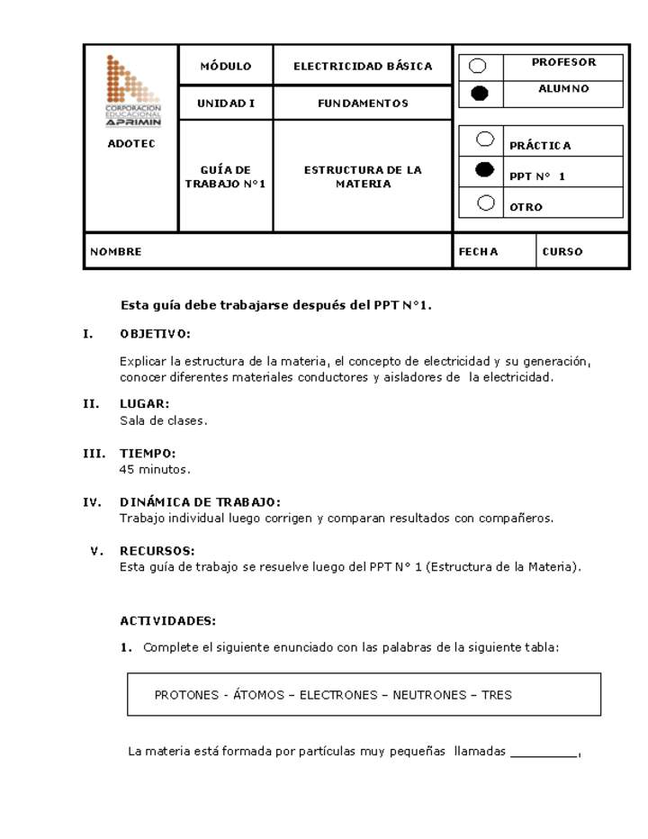 Guía de trabajo del estudiante Electricidad básica, estructura de la materia.