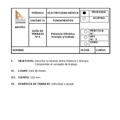 Guía de trabajo del docente Electricidad básica, potencia eléctrica, energía y trabajo