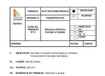 Guía de trabajo del docente Electricidad básica, potencia eléctrica, energía y trabajo