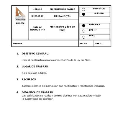 Guía de trabajo del estudiante Electricidad básica, multímetro y ley de Ohm