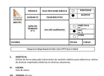 Guía de trabajo del estudiante Electricidad básica, uso del multímetro