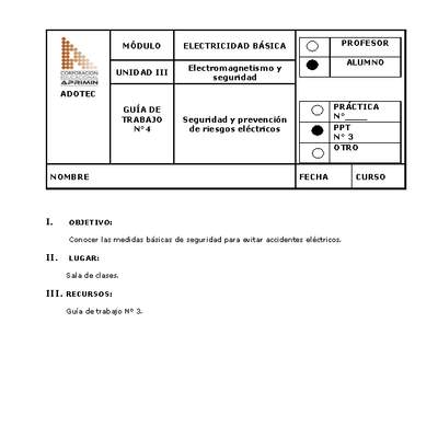 Guía de trabajo del estudiante Electricidad básica, seguridad y prevención de riesgos eléctricos.