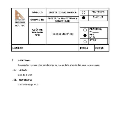 Guía de trabajo del estudiante Electricidad básica, riesgos eléctricos