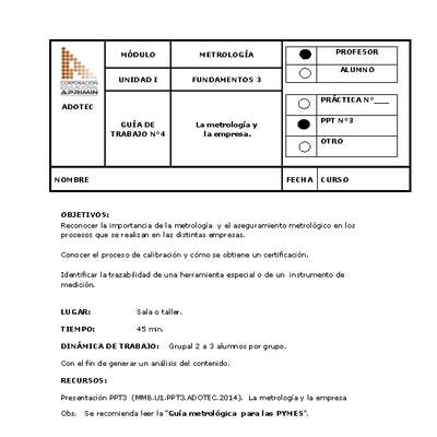 Guía de trabajo del docente Metrología en la empresa