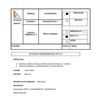 Guía de trabajo del docente Metrología, áreas y volumen