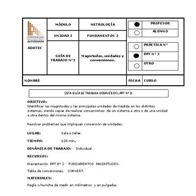 Guía de trabajo del docente Metrología magnitudes, unidades y conversiones.