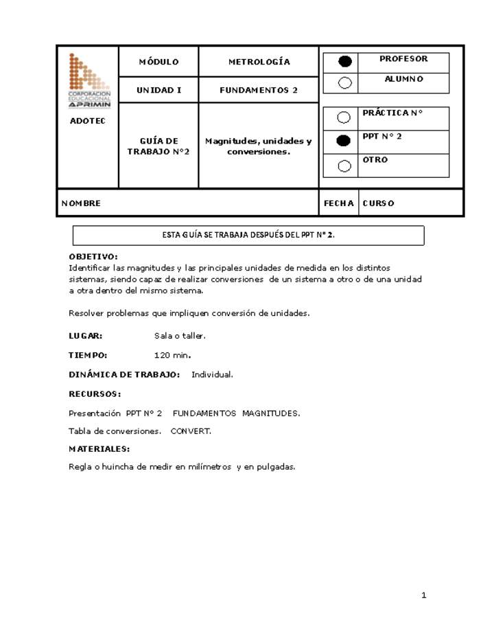 Guía de trabajo del docente Metrología magnitudes, unidades y conversiones.