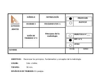 Guía de trabajo del docente Metrología, principios de la metrología