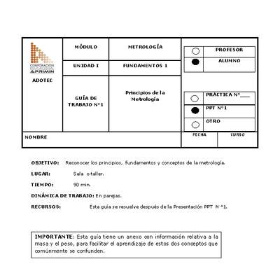 Guía de trabajo del estudiante Metrología, principios de la metrología