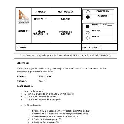 Guía de trabajo del estudiante Metrología, práctica de torque