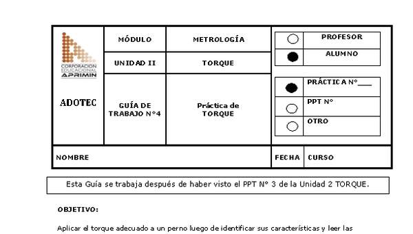 Guía de trabajo del estudiante Metrología, práctica de torque