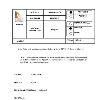 Guía de trabajo del docente Metrología, torques