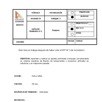 Guía de trabajo del estudiante Metrología, torques