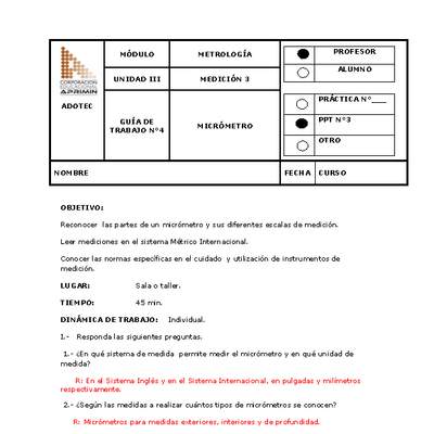 Guía de trabajo del docente Metrología micrómetro