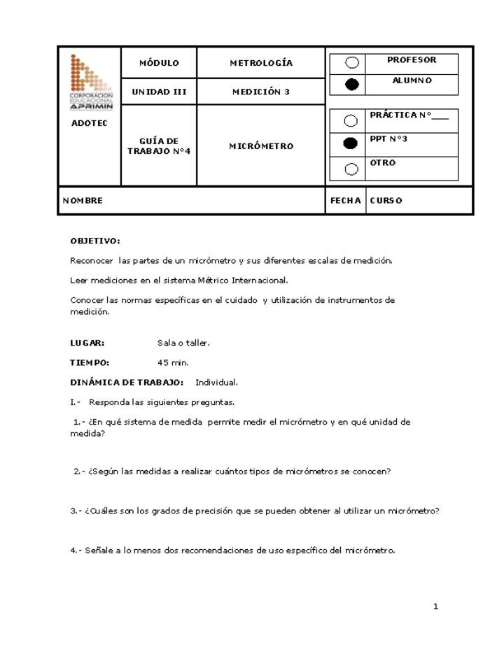 Guía de trabajo del estudiante Metrología, micrómetro