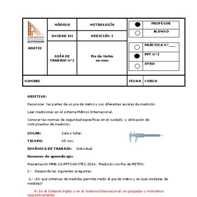 Guía de trabajo del docente Metrología, pie de metro en milímetros