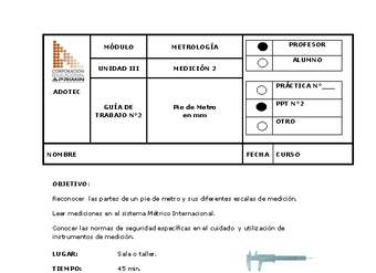 Guía de trabajo del docente Metrología, pie de metro en milímetros