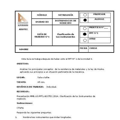 Guía de trabajo del estudiante Metrología, clasificación de los instrumentos