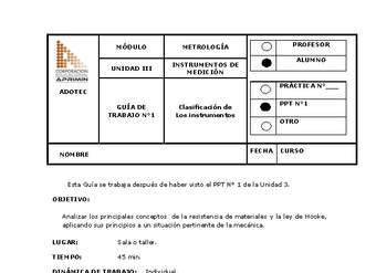 Guía de trabajo del estudiante Metrología, clasificación de los instrumentos