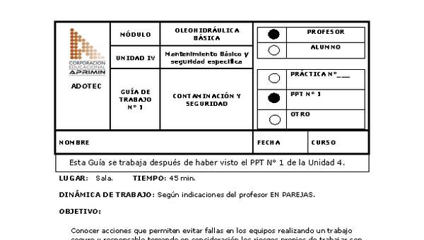 Guía de trabajo del docente Oleo-hidráulica, contaminación y seguridad