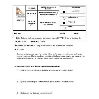 Guía de trabajo del estudiante Oleo-hidráulica, contaminación y seguridad