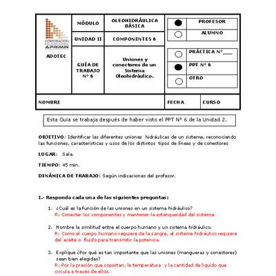 Guía de trabajo del docente Oleo-hidráulica, uniones y conectores de un sistema oleo-hidráulico.