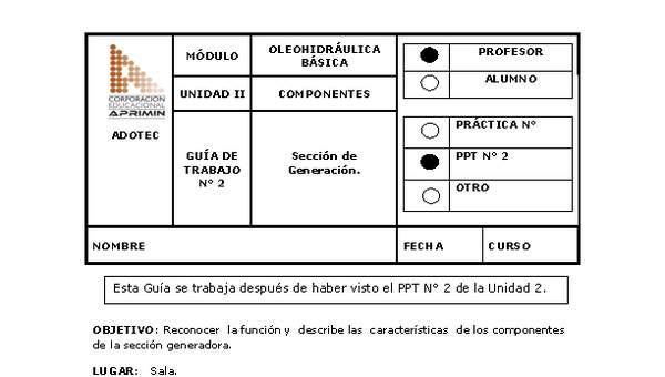 Guía de trabajo del docente Oleo-hidráulica, sección de generación.