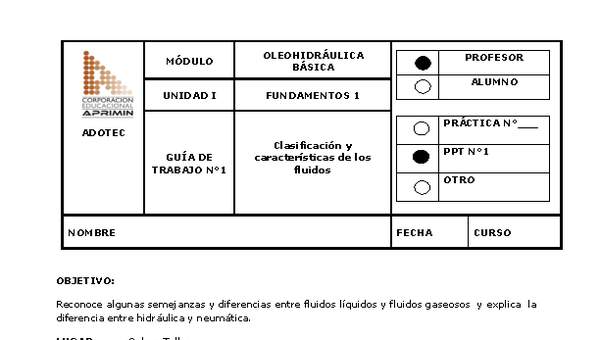 Guía de trabajo del docente Oleo-hidráulica, clasificación y características de los fluidos.