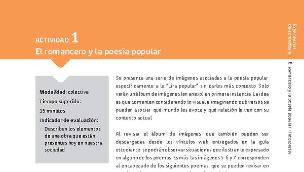 Sugerencia para el profesor: Actividad 1: El romancero y la poesía popular