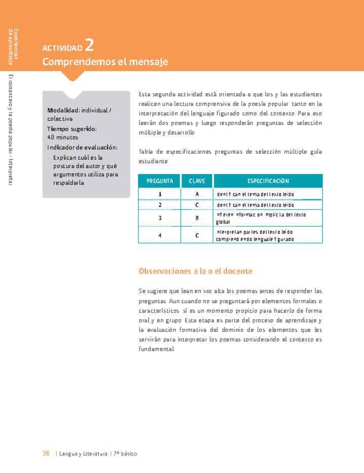 Sugerencia para el profesor: Actividad 2: Comprendemos el mensaje