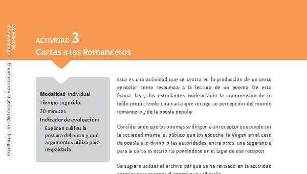 Sugerencia para el profesor: Actividad 3: Cartas a los Romanceros