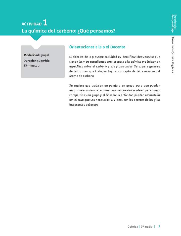Sugerencia para el profesor: Actividad 1. La química del carbono, ¿qué pensamos?