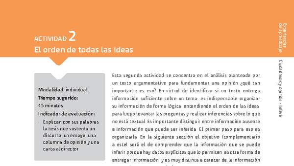 Sugerencia para el profesor: Actividad 2: El orden de todas las ideas