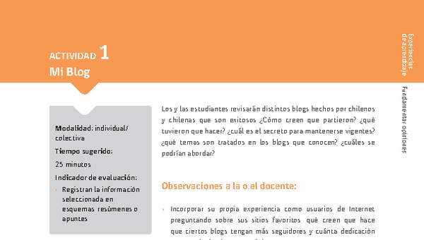 Sugerencia para el profesor: Actividad 1: Mi Blog