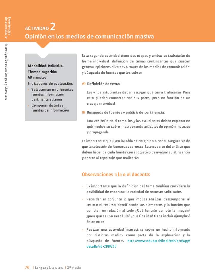 Sugerencia para el profesor: Actividad 2: Opinión en los medios de comunicación masiva