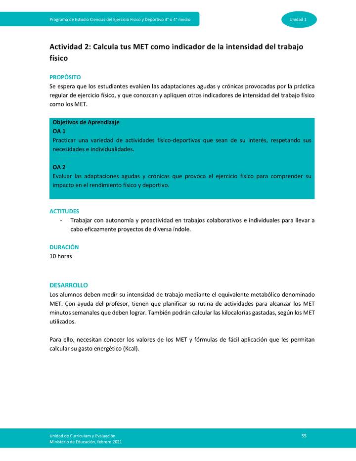 Actividad 2: Calcula tus MET como indicador de la intensidad del trabajo físico