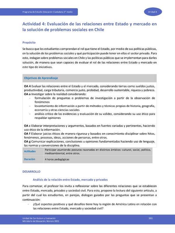 Actividad 4: Evaluación de las relaciones entre Estado y mercado en la solución de problemas sociales en Chile