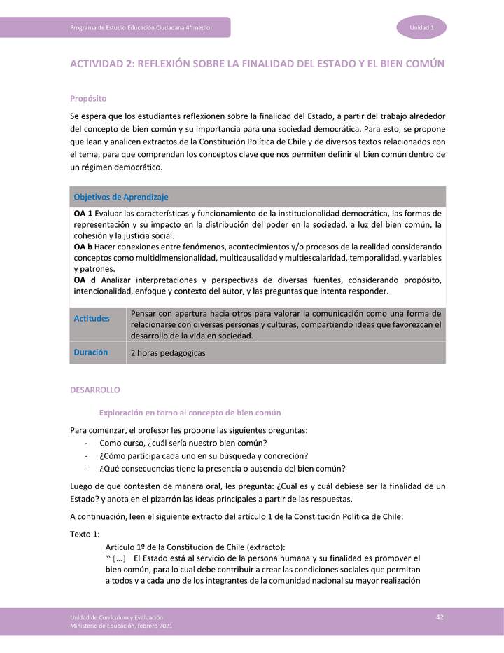 Actividad 2: Reflexión sobre la finalidad del Estado y el bien común