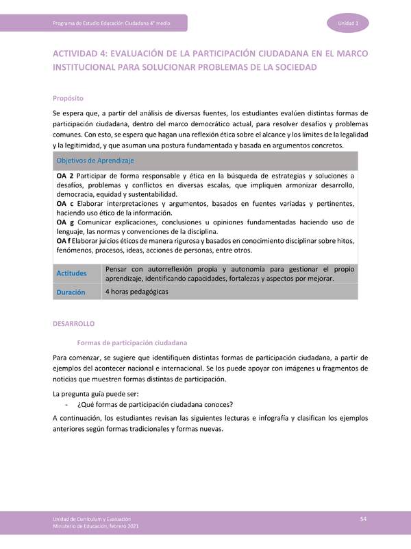 Actividad 4: Evaluación de la participación ciudadana en el marco institucional para solucionar problemas de la sociedad